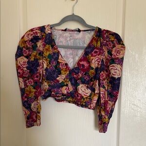 Zara Black and Pink Puff Sleeve Crop Blouse